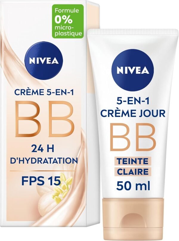 NIVEA - BB Crème 5 En 1 Teinte Claire - Crème Visage FPS 15 - Hydratation 24H - Réduit Imperfections & Signes De Fatigue - Huile De Jojoba Bio & Pigments Minéraux - Vegan - Tous Types De Peaux - 50 ml