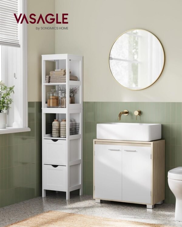 VASAGLE Meuble sous Lavabo, Meuble de Salle de Bain, 2 Compartiments derrière Les Portes, pour Divers Types de Lavabos, avec Pieds, 30 x 60 x 60 cm, Beige Naturel et Blanc Nuage BBK506L01 – Image 2