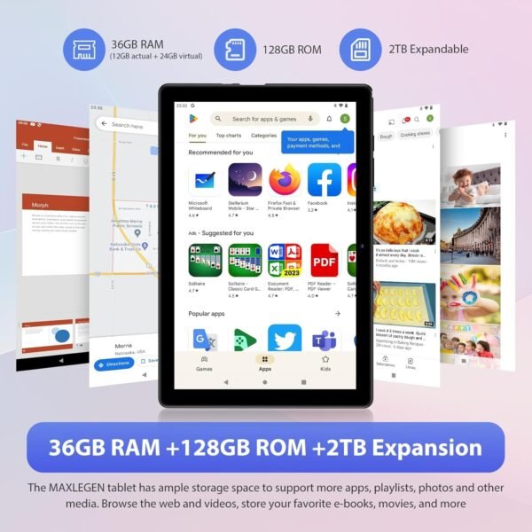 Tablette 10 Pouces, Tablette Tactile avec 36Go RAM 128Go ROM/2To TF, Octa-Core 2.0GHz, 5G WiFi, WiFi 6, Widevine L1, Certifiée GMS, 8MP, Android 14 Tablette avec Clavier/Etui/Ecouteurs/Souris/Stylet – Image 3