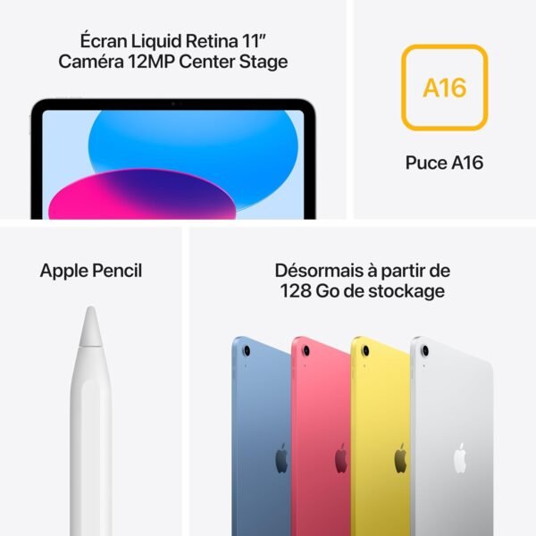 Apple iPad avec Puce A16 : Écran Liquid Retina 11 Pouces, 128 Go, Wi-FI 6, caméras Avant/arrière 12 Mpx, Touch ID, autonomie d’Une journée – Argent – Image 5