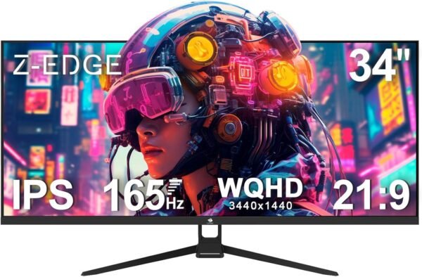 Z-Edge Ecran PC Gamer 34'', UWQHD(3440x1440), 165 Hz, IPS Panel, 1ms, Moniteur Ultrawide 21:9, FreeSync, 300cd/m², 2* DP1.4 & HDMI2.0, RGB, Inclinaison Réglable, VESA 75 * 75mm (DP Câble Inclus)
