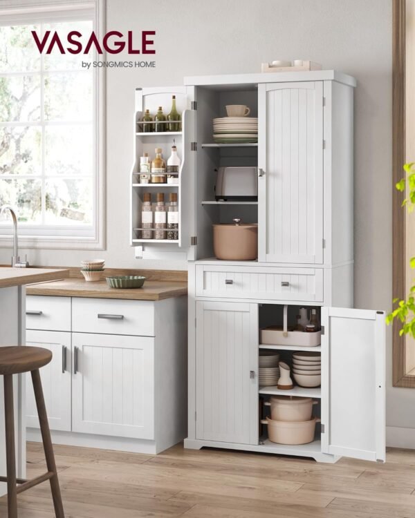 VASAGLE Buffet Haut Cuisine, Meuble de Rangement, Armoire, Vaisselier, Hauteur 182,1 cm, avec Tiroir, Placards, Étagères Réglables, pour Salon, Cuisine, Blanc BBC561W21 – Image 2