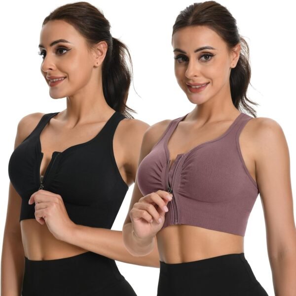 2 Pièces Brassière Sport Femme Zippée Devant, Soutien Gorge de Sport Femme sans Armature sans Couture Push Up Sport Bra avec Coussinets Amovibles – Image 7