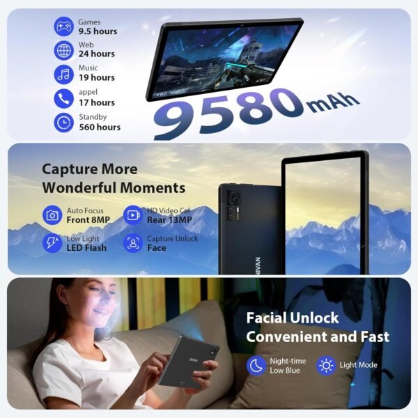 BEYNIVAN Tablette 11 Pouces Android 14 tablettes tactiles Con 4G LTE /5G WiFi, 36GB RAM+256GB ROM,9580mAh,Face ID,TÜV,GMS,GPS,BT5,Tablette avec Clavier détachable,Noir – Image 5