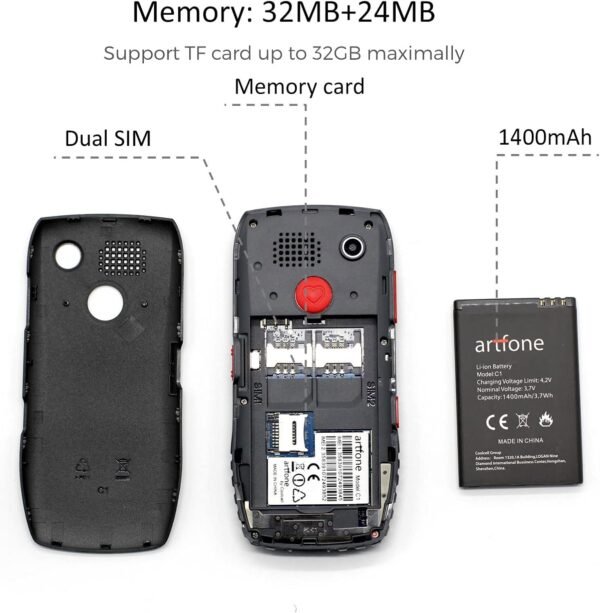 artfone Téléphone Portable Senior Débloqué avec Grandes Touches, Bouton SOS, C1 Senior, Caméra VGA, Radio FM, Haut-Parleur de Boîte, Batterie 1800mAh, 2G GSM, Noir – Image 5