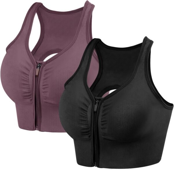 2 Pièces Brassière Sport Femme Zippée Devant, Soutien Gorge de Sport Femme sans Armature sans Couture Push Up Sport Bra avec Coussinets Amovibles