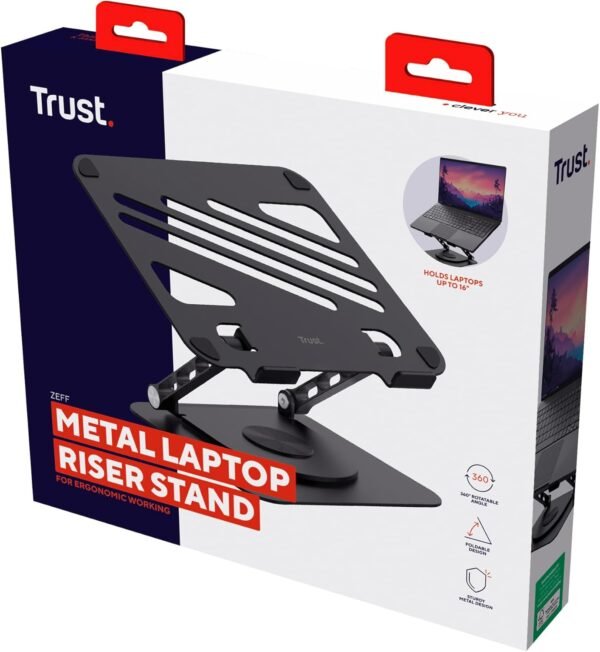 Trust Zeff Support Ordinateur Portable 16 Pouces Ergonomique, Angle de Rotation de 360°, Support PC Portable Pliable en Métal, Hauteur Réglable, Rehausseur PC Portable Dell HP Macbook, Noir – Image 12