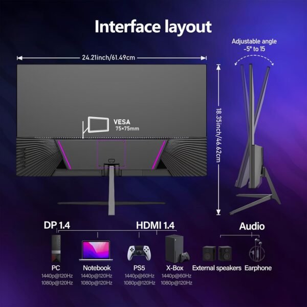 Gawfolk Moniteur de Jeu 27 Pouces QHD, écran PC IPS 2K 120Hz, 2560×1440P, FreeSync, HDMI, DisplayPort, VESA 75 * 75mm, Noir – Image 8