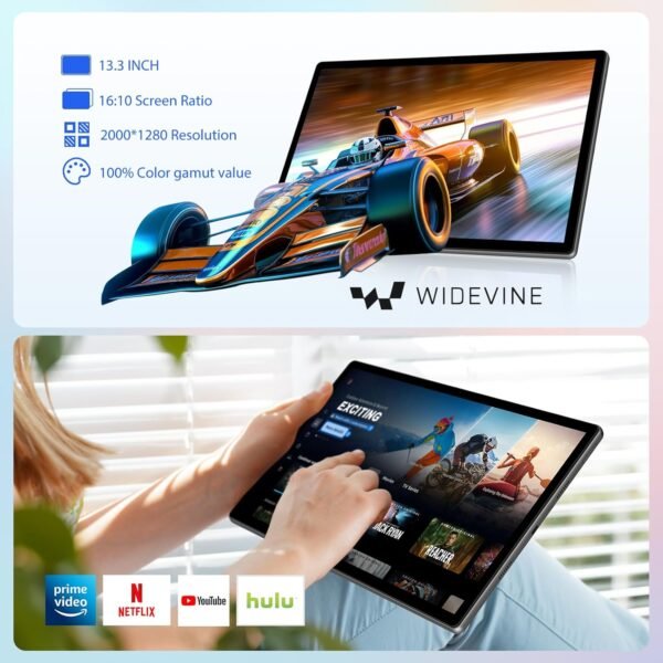 PIXPEAK 2K Tablette 13,3 Pouces, Android 14.0, INCELL 2000 * 1200, 11580mAh/20w, 36GB RAM, 256GB ROM (SD Extensible), 5G WiFi Octa-Core, 13MP+8MP, Tablette avec Clavier ect, Grau (Gris) – Image 3