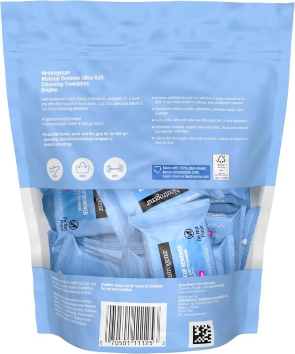 Neutrogena Makeup Remover Cleansing Towelette Singles, Daily Face Wipes To Remove Dirt, Oil, Makeup & Waterproof Mascara, Individually Wrapped, 20 Count – Image 6