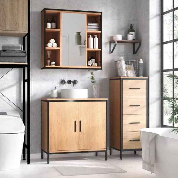 EUGAD Meuble sous Lavabo 60x30x60 cm, avec Cloison Réglable en Hauteur, Armoire sous Vasque, en Bois Artificiel Chêne Clair et en Métal Noir – Image 2