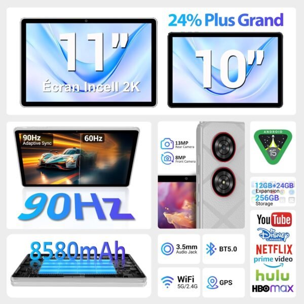 MAXLEGEN Tablette Tactile 11 Pouces, Android 15, 2K IPS Écran, 36GB RAM+256GB/1TB Extensible, Octa-Core 90Hz, 5G WiFi Tablets, 9580mAh, Caméra 13MP, GPS, Clavier/Souris/Stylet/Écouteur/Étui Inclus – Image 2