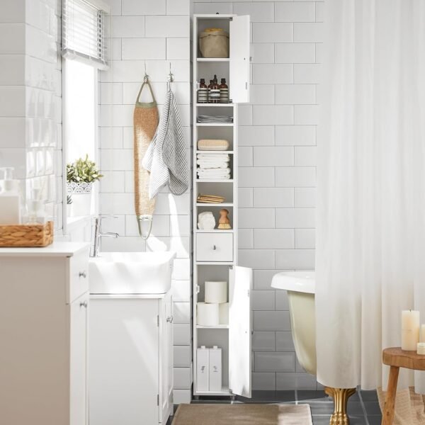 SoBuy Meuble Colonne Salle de Bain Étroite Anti-Humidité, Meuble de Rangement Vertical avec 4 Étagères Réglables + 1 Tiroir, Multifonction pour Salon,Chambre,Bureau, Blanc, 20x20x180cm, BZR34-W – Image 2