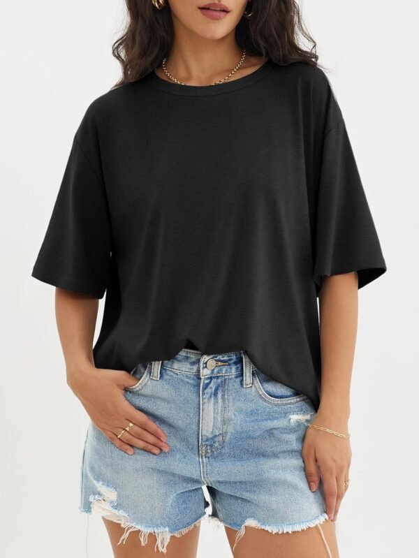 ATHMILE T-shirt surdimensionné pour femme, coupe ample, col rond, manches courtes, chemisier d'été décontracté, t-shirt basique Y2K 2023, Vêtements, noir, Taille M – Image 5