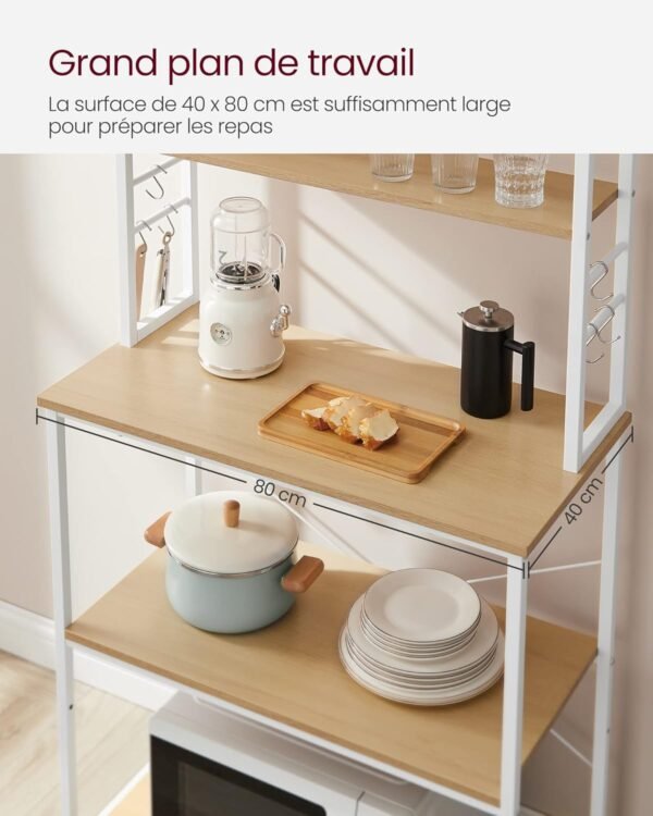 VASAGLE Étagère de Cuisine, Étagère pour Machine à Café, 6 Étagères et 6 Crochets, pour Four à Micro-Ondes, Cadre en Acier, Style Industriel, 40 x 80 x 167 cm, Couleur Chêne et Blanc KKS019W09 – Image 6