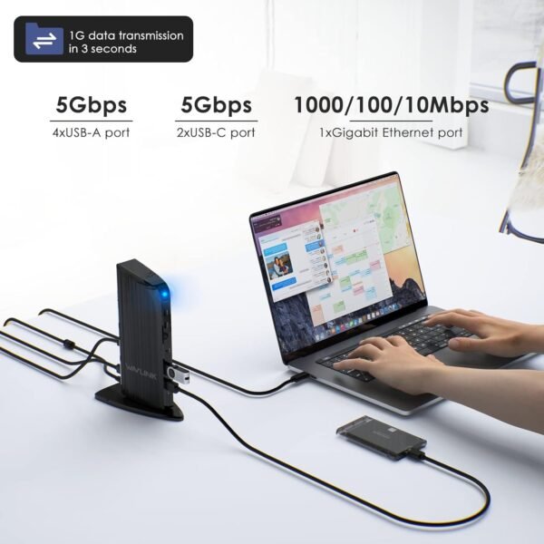WAVLINK Station d'accueil 3 Monitors, USB C/USB 3.0 Universal Docking Station Displaylink, avec 4K HDMI, 2K HDMI, DVI, 100W PD, Gigabit Ethernet, USB 3.0, USB C Audio/Mic pour Mac Windows. – Image 6