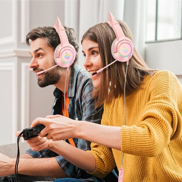 Casque De Jeu Rose, Casque De Jeu avec Oreille De Chat, Casque De Jeu à Son Surround 7.1 avec Réduction De Bruit Réglable, Lumière LED, Microphone Rétractable Et Oreille De Chat Détachable – Image 8
