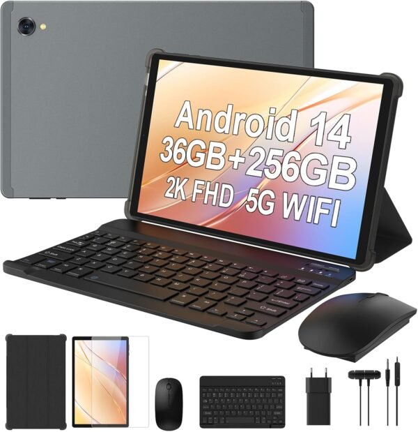 LEVIRTU Tablette 10,3 Pouces Android 14, Octa-Core 2.0 GHz, 2K FHD, 2.4G+5G WiFi, 36GB RAM+256GB ROM (2TB TF), 8000mAh,13MP+8MP, GPS, Bluetooth 5.0, Face ID, Tablette avec Clavier, Souris(Gris)