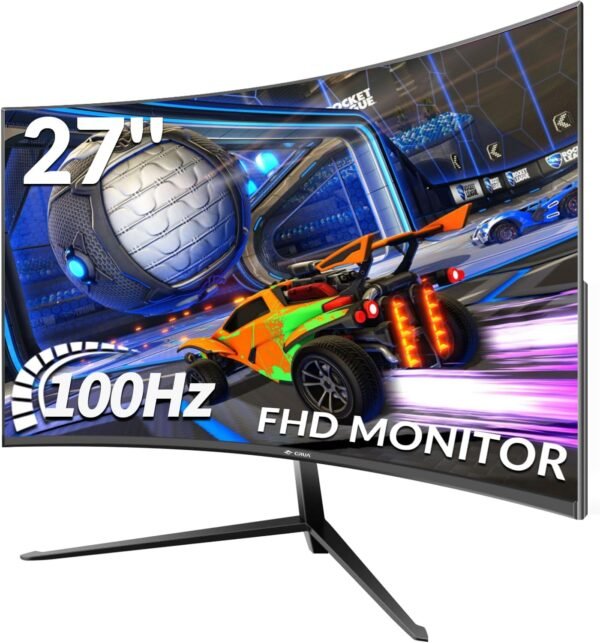 CRUA Gaming Monitor 27 Pouces 100Hz, Moniteur de PC incurvée Full HD 1080P 1500R Moniteur d’Ordinateur sans Cadre avec FreeSync et la Technologie de Soins oculaires, Prend en Charge VESA