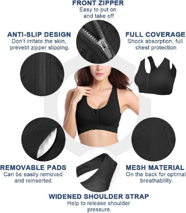 Tuopuda Soutien-Gorge de Sport pour Femme, sans Bonnet, avec Fermeture Éclair Avant et Plaquettes Amovibles pour Gymnastique, Course à Pied, Jogging, Yoga – Image 4