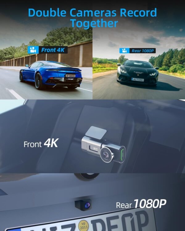 Caméra Embarquée WiFi Avant Arrière 4K+1080P,Dashcam avec Carte SD 64 G, Contrôle par Application,Vision Nocturne, Capteur G, Enregistrement en Boucle, WDR – Image 3