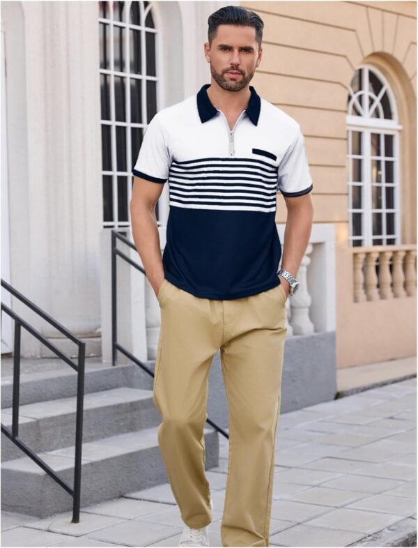 crazy bean Polo à Manches Courtes Homme col Zippé Tee Shirt Homme col V Rayé Polo Été Vetement avec Fausse Contrasté pour Travail Tennis Golf Casual Cadeau – Image 4