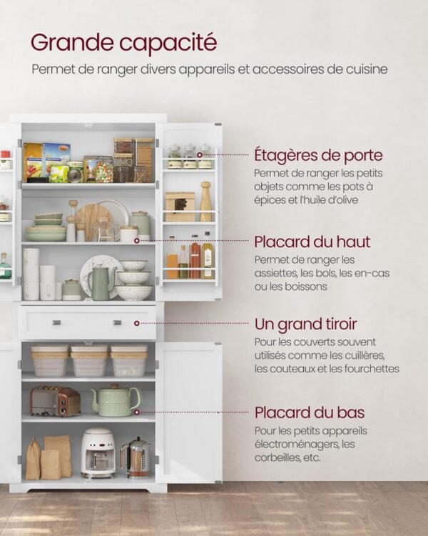 VASAGLE Buffet Haut Cuisine, Meuble de Rangement, Armoire, Vaisselier, Hauteur 182,1 cm, avec Tiroir, Placards, Étagères Réglables, pour Salon, Cuisine, Blanc BBC561W21 – Image 4