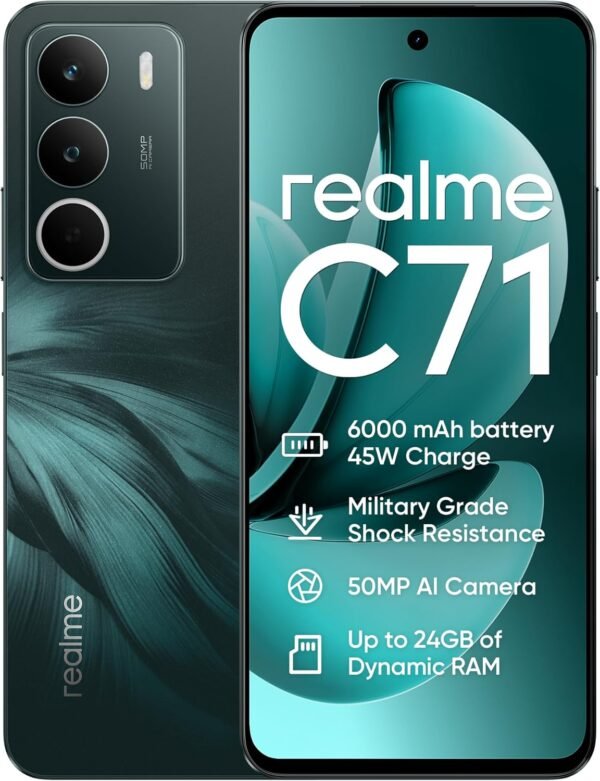 realme C71 Smartphone 4G,6+128GB,Batterie 6000 mAh,45W Charge,Appareil Photo AI 50MP, 24 Go de RAM Dynamique,120 Hz Display,Résistance aux Chocs et à l'eau,Vert (sans Adaptateur)