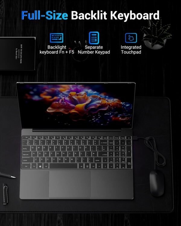 Ordinateur portable 15,6 pouces, 16 Go RAM 512 Go SSD, CPU N95 (jusqu'à 3,4 GHz), Clavier Rétroéclairé PC portable, Win11 Portables Charge de Type-C, 5G WiFi, BT 5,0, Typ-C, HDMI, USB, Souris Incl. – Image 4