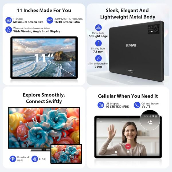 BEYNIVAN Tablette 11 Pouces Android 14 tablettes tactiles Con 4G LTE /5G WiFi, 36GB RAM+256GB ROM,9580mAh,Face ID,TÜV,GMS,GPS,BT5,Tablette avec Clavier détachable,Noir – Image 4
