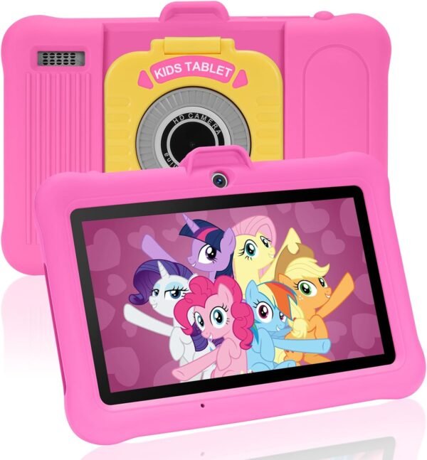 TABTIVI Tablette Enfants 7 Pouces Android, RAM 8 (3+5) Go, ROM 64 Go (TF 128 Go), GMS Certified, Apps Pré-Installé, Éducative, Contrôle Parental, WiFi, Kid-Proof Étui avec Support réglable (Rose)