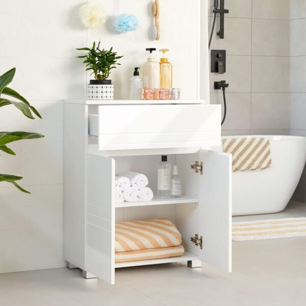VASAGLE Meuble de Salle de Bain sur Pied, Meuble de Rangement avec tiroir, Armoire à Double Porte, étagère réglable, pour entrée, Couloir, 60 x 30 x 80 cm, Blanc BBK140W01 – Image 4
