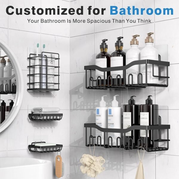 Eudele Lot de 5 paniers de douche adhésifs pour salle de bain et cuisine, sans perçage, grande capacité, organisateur de salle de bain en acier inoxydable antirouille, étagères de douche pour douche – Image 2