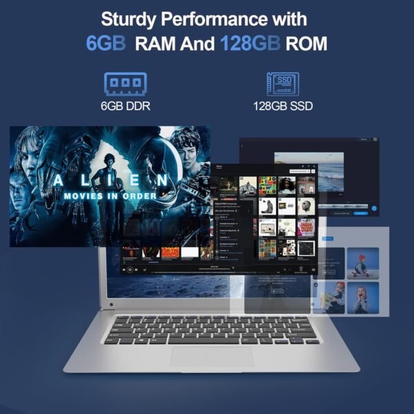 Ordinateur Portable 14 Pouces 6 Go RAM, 128 Go SSD Celeron Processeur Dual Core Portable PC 1366*768 IPS Laptop PC Sans Fil WiFi& Bluetooth 4.2 HDMI*1 USB3.0*2 4000mAh Batterie Inclus Membrane Clavier – Image 4