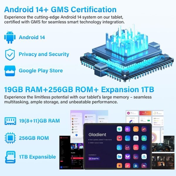Tablette Tactile10 Pouces 19Go RAM + 256Go ROM (TF Extensible 1To) Android 14 Tablette avec clavier et souris, Écran IPS HD 1080P, 5 Mpx Dual caméra,Wi-Fi,6000mAh, Tablettes performantes 2025 (Gris) – Image 3