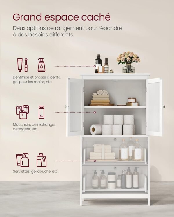 VASAGLE Armoire de Salle de Bain, Meuble de Rangement, Placard de Cuisine avec 2 Portes, 2 Tiroirs, Étagères Réglables, 30 x 60 x 110 cm, Blanc BBC551P31 – Image 4