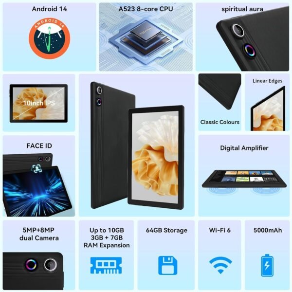 Android 14 Tablette 10 Pouces 10Go RAM + 64Go ROM (1To Extensible) Octa-Core GMS 1280*800 IPS HD Touchscreen Tablette Tactile BT 5.4 WiFi 6 Widevine L1 5000mAh Tablettes PC Dynamic Halo (Noir) – Image 2