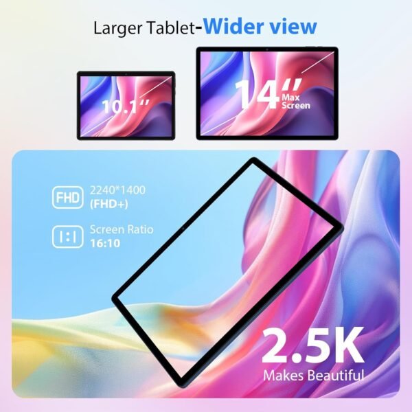 PIXPEAK 2.5K Tablette 14 Pouces, 4G Lte/5G WiFi, INCELL 2240 x 1400 FHD, 11580mAh, 36GB RAM, 256GB ROM (Extension 2TB), Android 14.0, Octa-Core, 13MP+8MP, Tablette Tactile avec étui/GPS/Bluet (Bleu) – Image 2