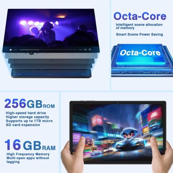 YESTEL Android Tablette Tactile avec 16Go + 256Go (1To TF), Tablette 11 Pouces avec 2000 x 1200 IPS + 4 Intervenants, GPS, 5G Wi-FI, 8600mAh, Chargement Rapide 18W, 3 Caméras, avec Étui, Gris – Image 3