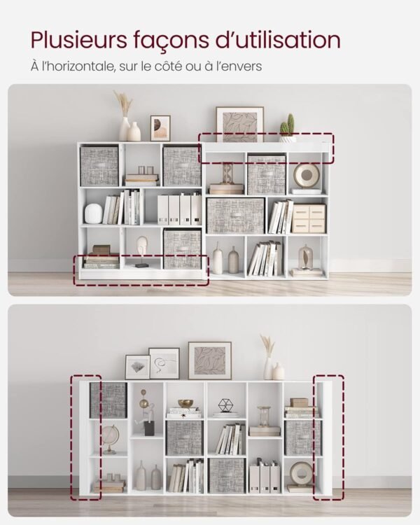 VASAGLE Bibliothèque, Meuble de Rangement, Étagère, 8 Compartiments Ouverts, Utilisable à l’Horizontale, sur Le Côté ou à l’Envers, 30 x 97,5 x 100 cm, pour Salon, Bureau, Blanc LBC52WT – Image 6