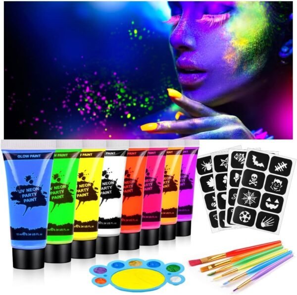 AOOWU Peinture Visage Corps Kit 19PCS, Peinture Corporelle, 8 * 10 ml UV Glow tubes de peinture fluorescente pour le visage et le corps, Halloween Noël Maquillage Fluo