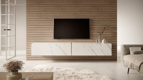 Selsey Meuble TV Armoire De Télévision 200 cm Suspendu Salle De Séjour Chambre À Coucher Marbre Blanc avec Insert Doré Bisira – Image 2