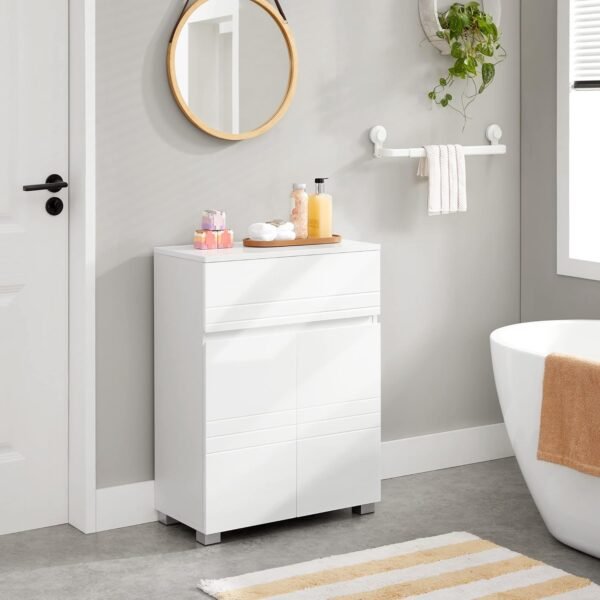 VASAGLE Meuble de Salle de Bain sur Pied, Meuble de Rangement avec tiroir, Armoire à Double Porte, étagère réglable, pour entrée, Couloir, 60 x 30 x 80 cm, Blanc BBK140W01 – Image 5