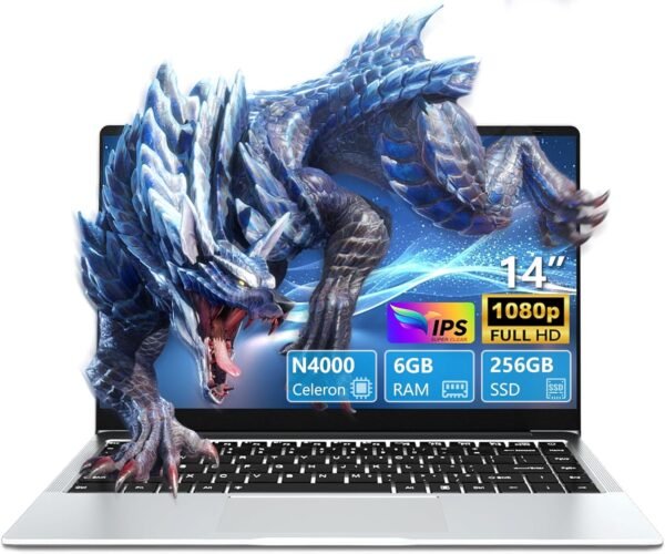 Ekonavi Ordinateur Portable 14,1 Pouces, Notebook Celeron N4000 SSD 256 Go RAM LPDDR4 6 Go, PC Portable écran FHD 180 °, Laptop avec Mini-HDMI, 2 * USB3.0 Ordinateur PC Mince et léger argenté
