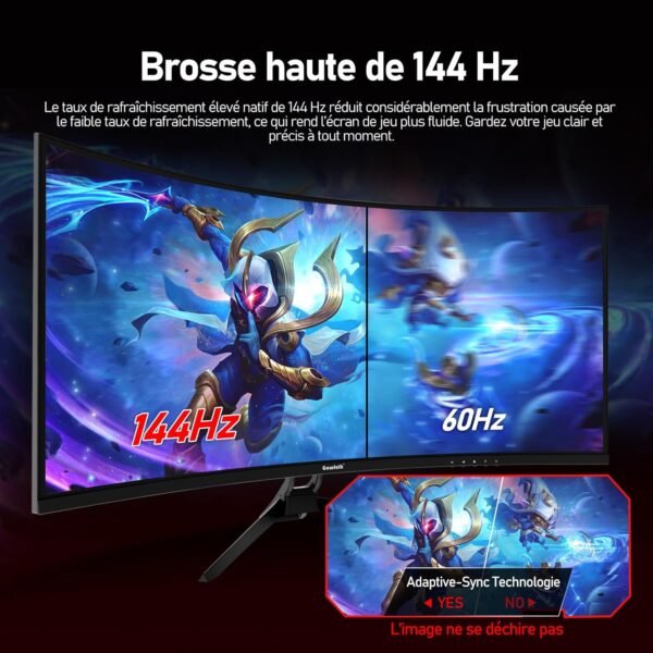 Gawfolk Écran PC Ultra Large 34 Pouces 1500R incurvé 144Hz Gaming Computer Moniteur,21:9 UWQHD(3440x1440),Adaptive Sync，HDR，178 ° Angle Vue，DisplayPort、HDMI，VESA 75 * 75MM-Noir – Image 4