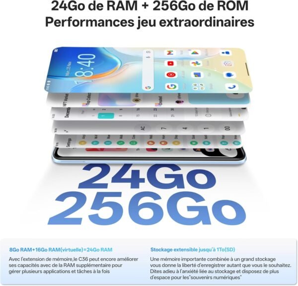 OUKITEL C36 256Go Téléphone Portable Android 14, 24Go+256Go/1To, 6.56" HD+ 90Hz Écran, Smartphone Pas Cher 5100mAh, Camera 13MP+5MP, Smartphone Double SIM/Empreinte Digitale + Identification faciale – Image 2