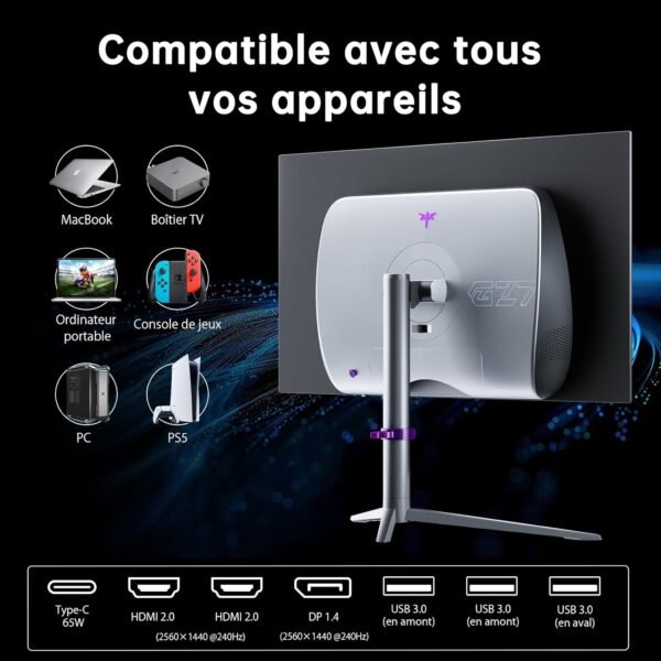 KTC OLED Écran PC Gamer 27 Pouces WQHD 1440P - 65W USB C (Supporte la Sortie vidéo), 240Hz / 0.03ms, 100% DCI-P3, DisplayHDR True Black 400, Adaptive Sync, Haut-parleurs Doubles intégrés - Blanc – Image 6