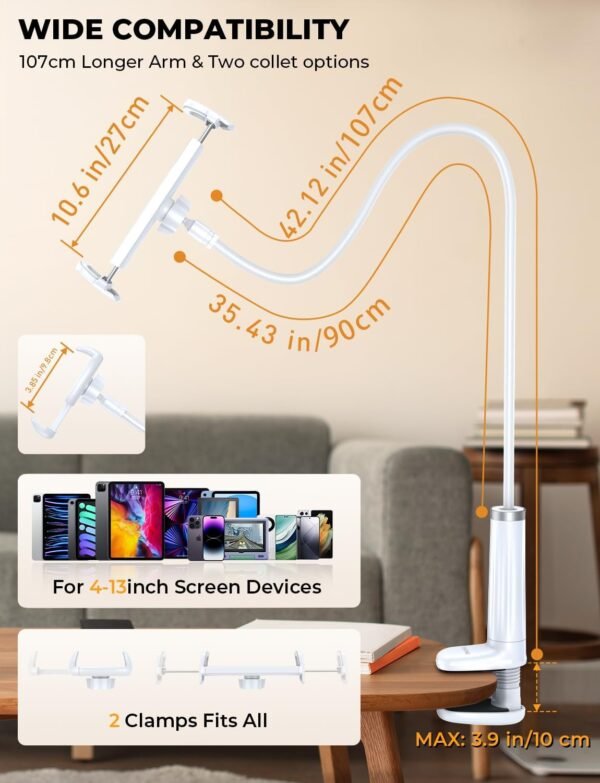 TRYONE Support téléphone Bureau - Support Tablette lit, Support Universel pour iPhone, iPad 9.7, 10.5, iPad Air Mini 2 3 4, Interrupteur, Onglet, avec 360° Rotation col de Cygne (4-10,6 Pouces) – Image 6