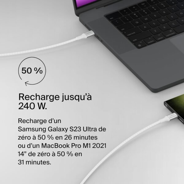 Belkin BoostCharge câble USB-C vers USB-C, charge rapide avec technologie Power Delivery 240 W, certification USB-IF, pour iPhone 16, 15, MacBook Pro, Chromebook, Samsung Galaxy, iPad, etc, 2 m, blanc – Image 2
