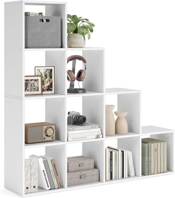 VASAGLE Bibliothèque à 10 Compartiments, Étagère avec Casiers Ouverts, Meuble de Rangement, pour Décorations, Cadres Photos, Salon, Chambre, Bureau, 29 x 129,5 x 129,5 cm, Blanc LBC10WTV1